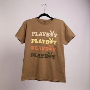 Playboy T Shirt Brown Graphic Print‎ Short Sleeve Crew Neck Womens M